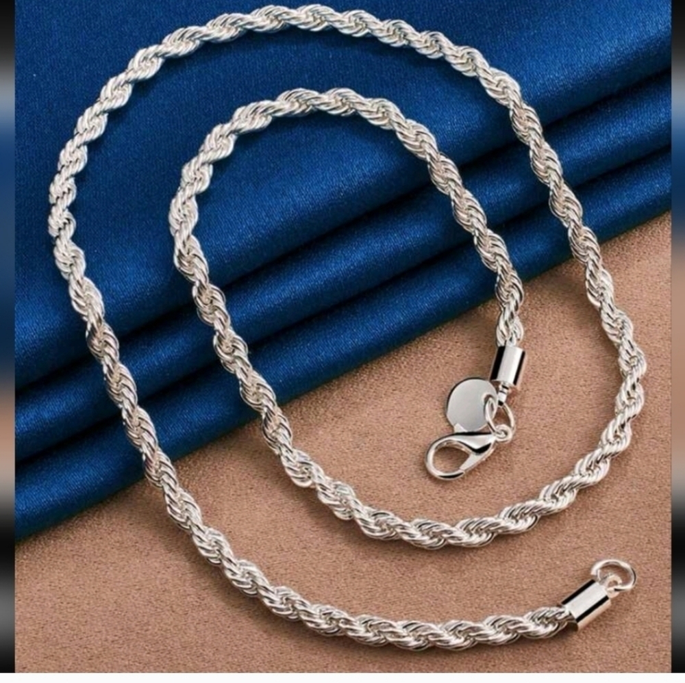 Plated Sterling Silver 4mm Twisted Rope chain Necklace 19"